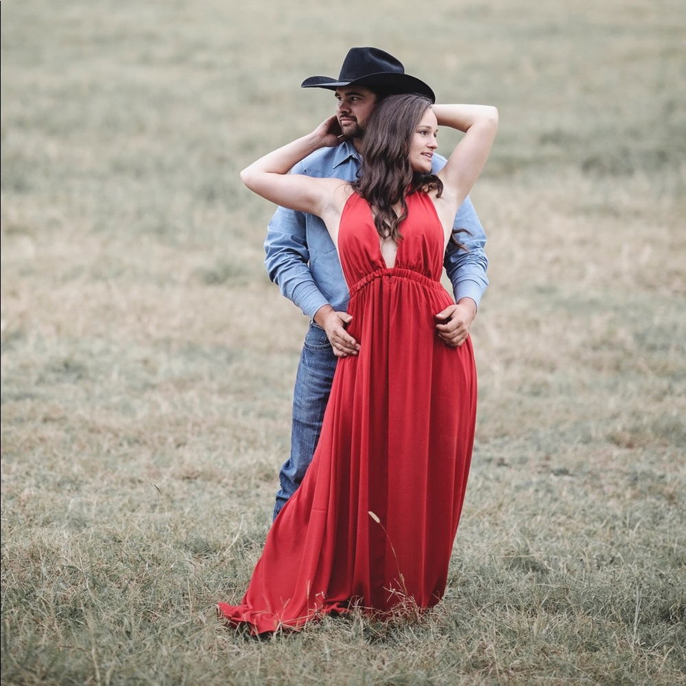 Elegant red long gown / dress with train